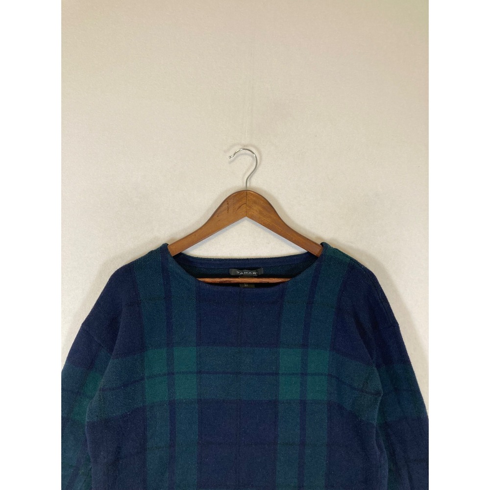 Dark Academia Tahari Womens Large Navy Green Plaid Boat Neck Knit Sweater‎ - Picture 7 of 9